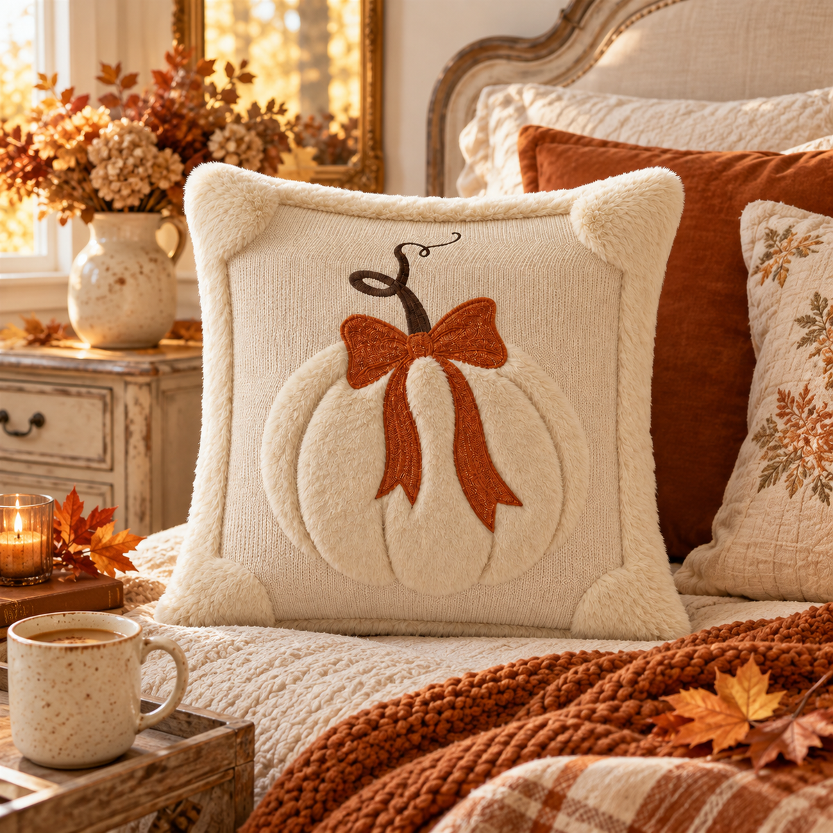 Textured Pumpkin Bow Pillow Cover – Cozy Autumn Home Decor