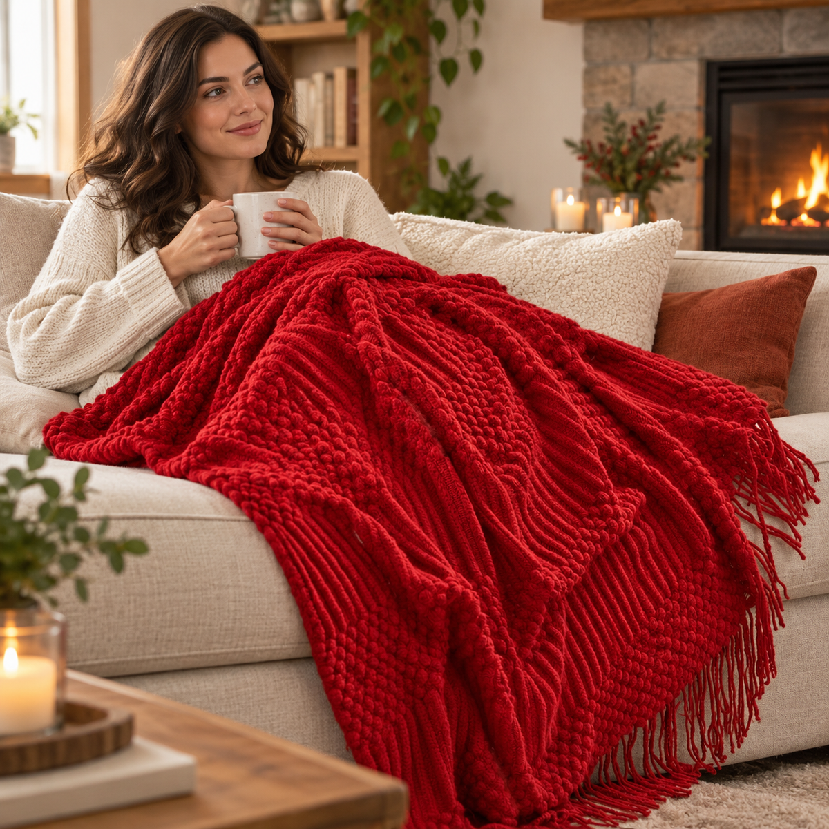 Red Cable Knit Throw Blanket – Cozy Fringe Sofa & Bed Blanket