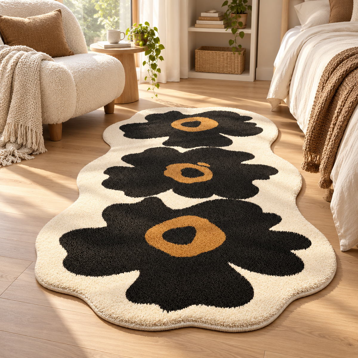 Retro Floral Shag Rug – Soft Wavy Accent Rug for Bedroom & Living Room