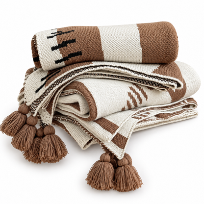 Brown & Cream Geometric Knitted Throw Blanket – Cozy Tassel Sofa Blanket
