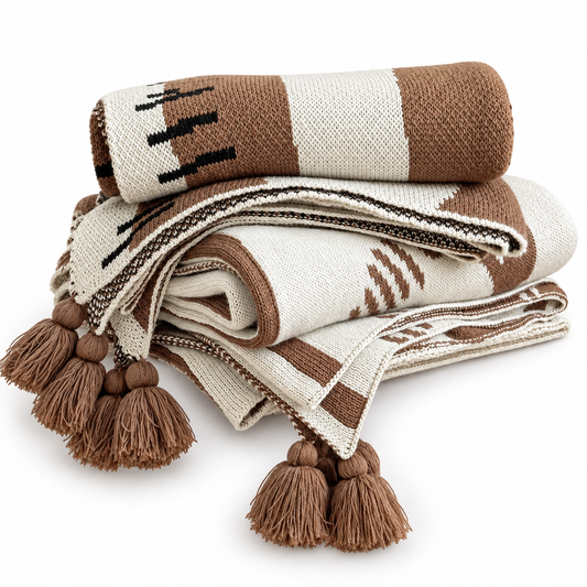 Brown & Cream Geometric Knitted Throw Blanket – Cozy Tassel Sofa Blanket