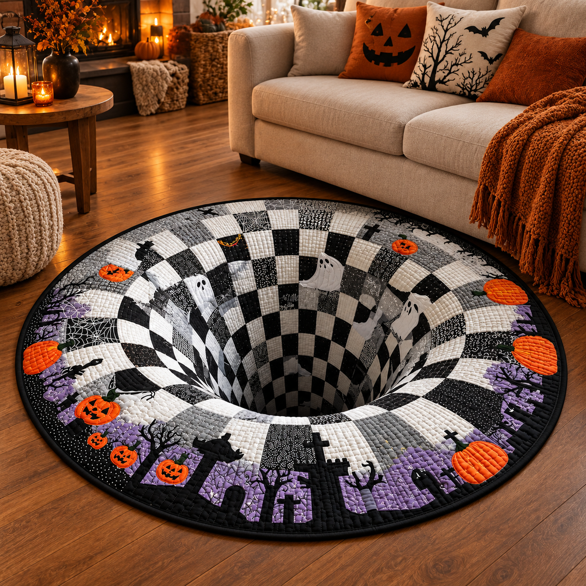 Halloween 3D Optical Illusion Round Rug – Spooky Seasonal Home Decor