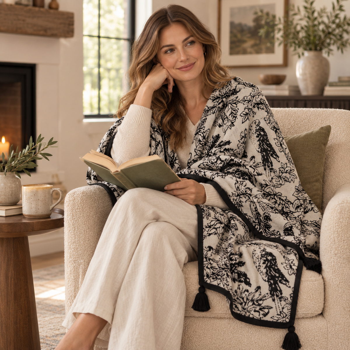 Black & Cream Botanical Flannel Throw Blanket – Cozy Sofa & Nap Blanket