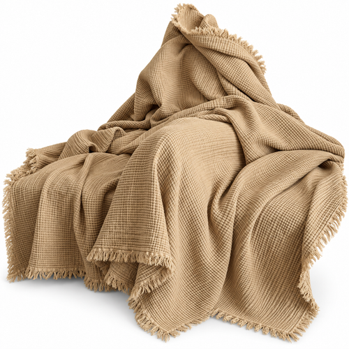 Beige Waffle Weave Throw Blanket – Soft Cozy Sofa & Nap Blanket