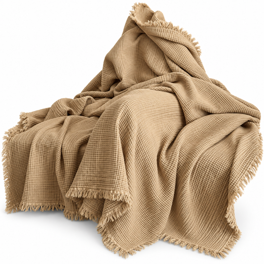 Beige Waffle Weave Throw Blanket – Soft Cozy Sofa & Nap Blanket