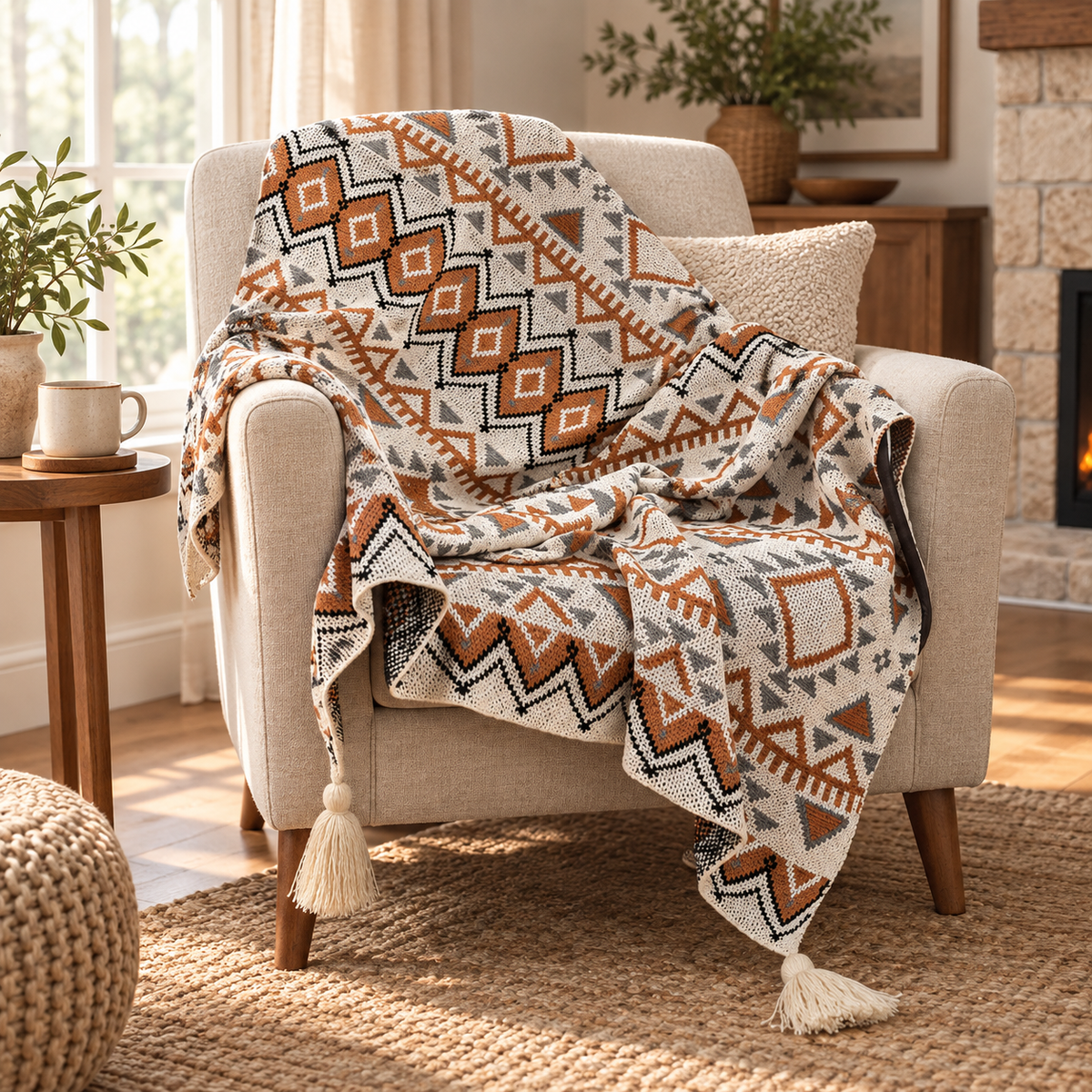 Vintage Geometric Woven Throw Blanket – Cozy Tassel Sofa & Nap Blanket