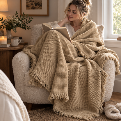 Beige Waffle Weave Throw Blanket – Soft Cozy Sofa & Nap Blanket