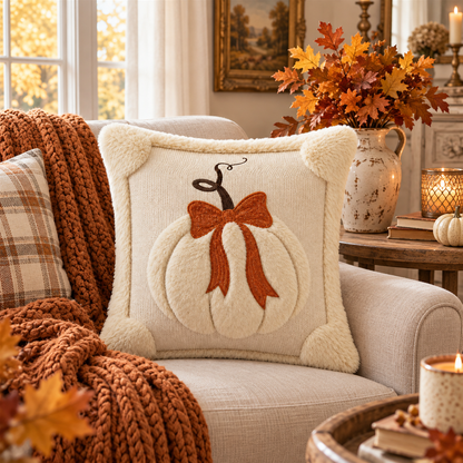 Textured Pumpkin Bow Pillow Cover – Cozy Autumn Home Decor