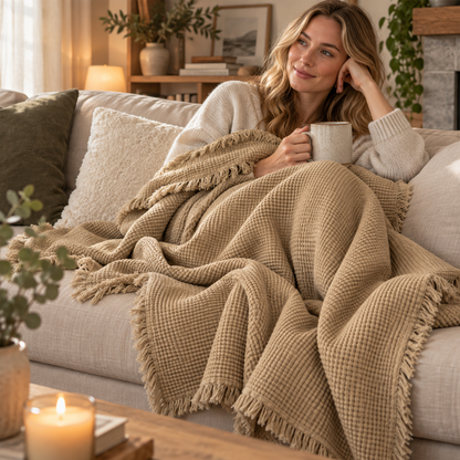 Beige Waffle Weave Throw Blanket – Soft Cozy Sofa & Nap Blanket