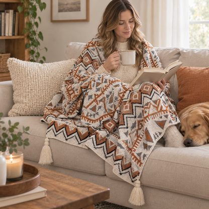 Vintage Geometric Woven Throw Blanket – Cozy Tassel Sofa & Nap Blanket