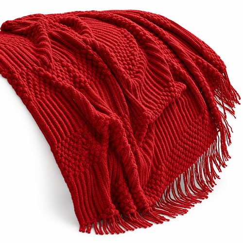 Red Cable Knit Throw Blanket – Cozy Fringe Sofa & Bed Blanket