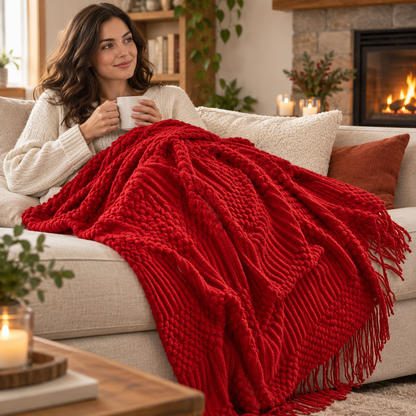 Red Cable Knit Throw Blanket – Cozy Fringe Sofa & Bed Blanket