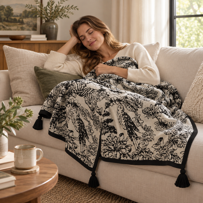 Black & Cream Botanical Flannel Throw Blanket – Cozy Sofa & Nap Blanket