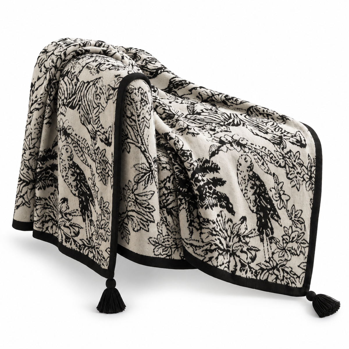 Black & Cream Botanical Flannel Throw Blanket – Cozy Sofa & Nap Blanket