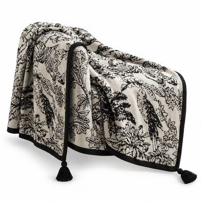 Black & Cream Botanical Flannel Throw Blanket – Cozy Sofa & Nap Blanket