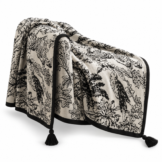 Black & Cream Botanical Flannel Throw Blanket – Cozy Sofa & Nap Blanket